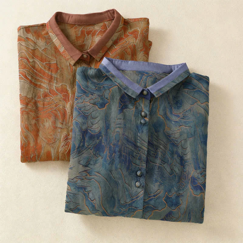 Buddha Stones Camicia da donna estiva in chiffon con stampa floreale, abbottonatura frontale, colletto alla coreana e maniche a tre quarti. - Image 17