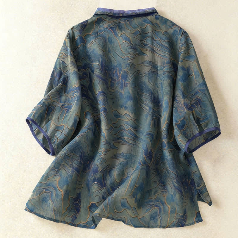 Buddha Stones Camicia da donna estiva in chiffon con stampa floreale, abbottonatura frontale, colletto alla coreana e maniche a tre quarti. - Image 2
