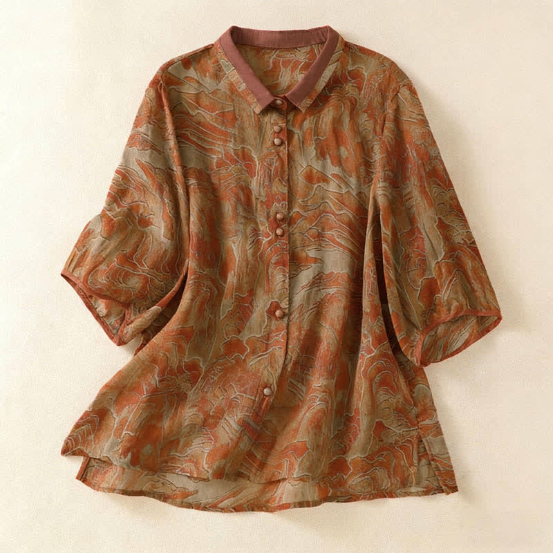 Buddha Stones Camicia da donna estiva in chiffon con stampa floreale, abbottonatura frontale, colletto alla coreana e maniche a tre quarti. - Image 9