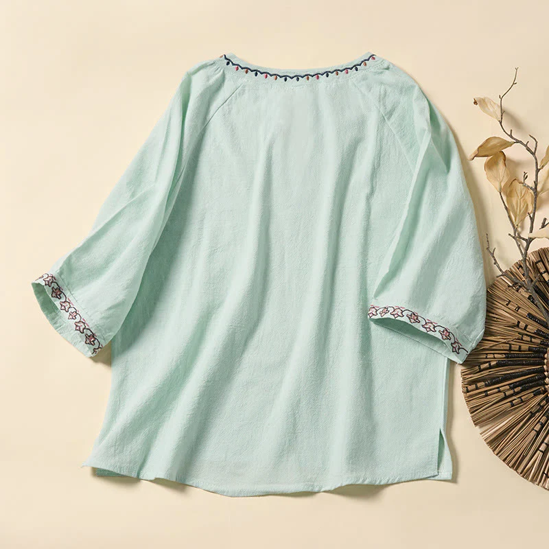 Buddha Stones Camicia da donna estiva in cotone con maniche corte, scollo a V, linee ricamate e lacci - Image 2