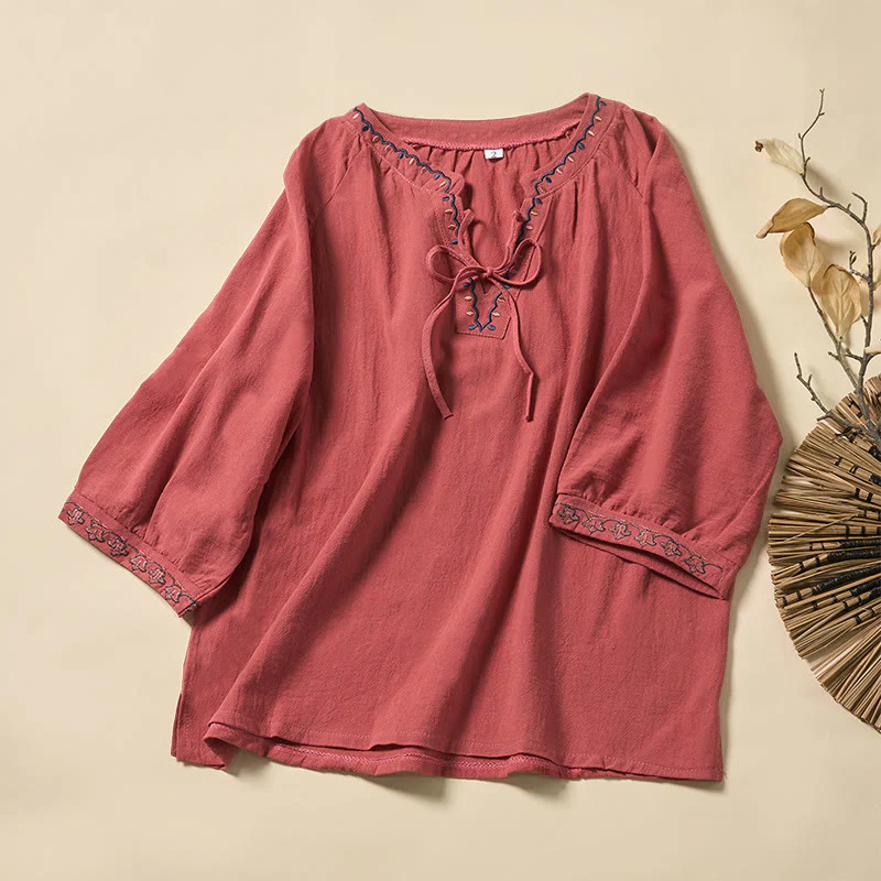 Buddha Stones Camicia da donna estiva in cotone con maniche corte, scollo a V, linee ricamate e lacci - Image 6