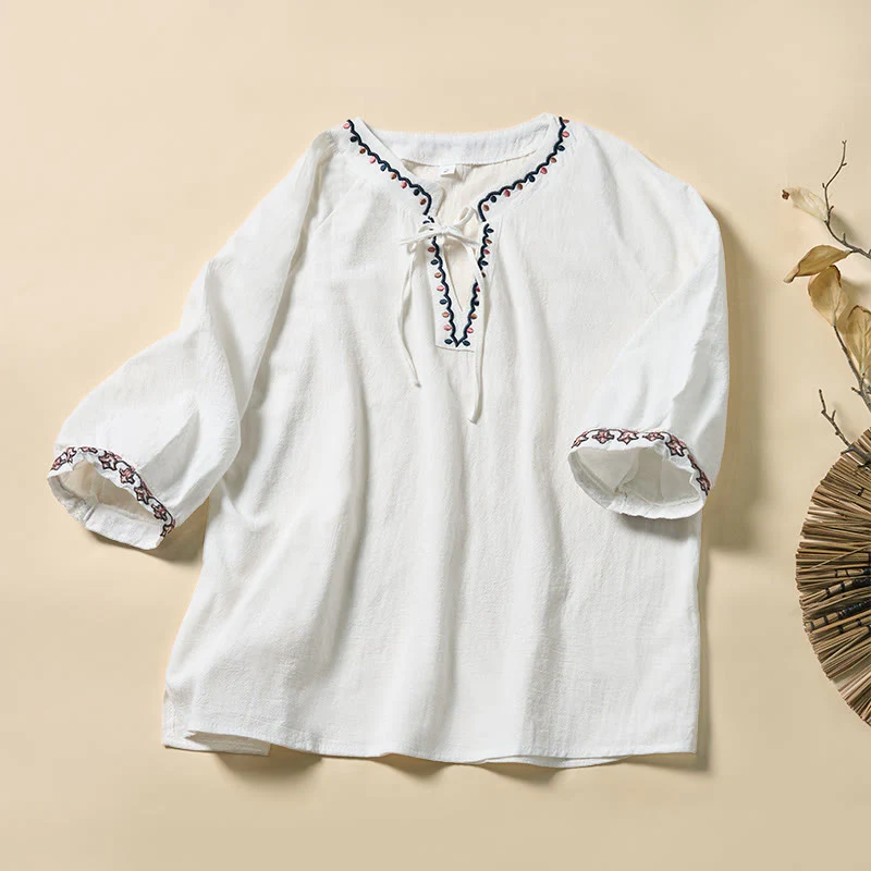 Buddha Stones Camicia da donna estiva in cotone con maniche corte, scollo a V, linee ricamate e lacci - Image 8