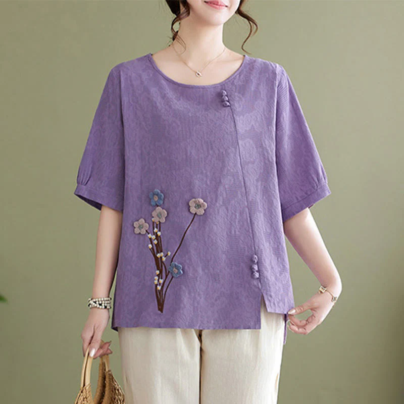 Buddha Stones Camicia da donna in cotone a maniche corte con scollo rotondo e motivo floreale tridimensionale - Image 4