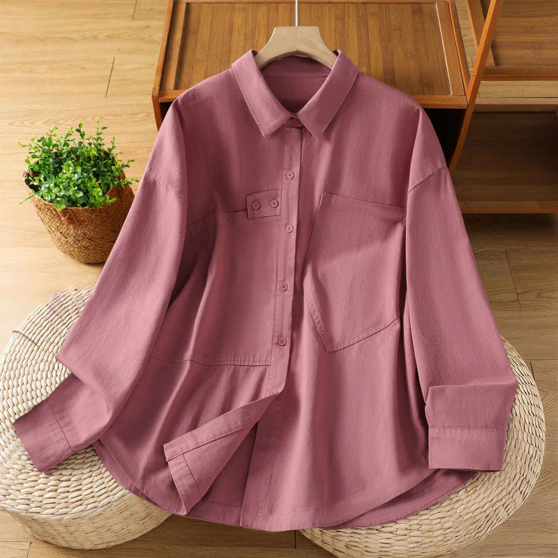 Buddha Stones Camicia da donna in cotone a maniche lunghe con risvolto semplice e tasche