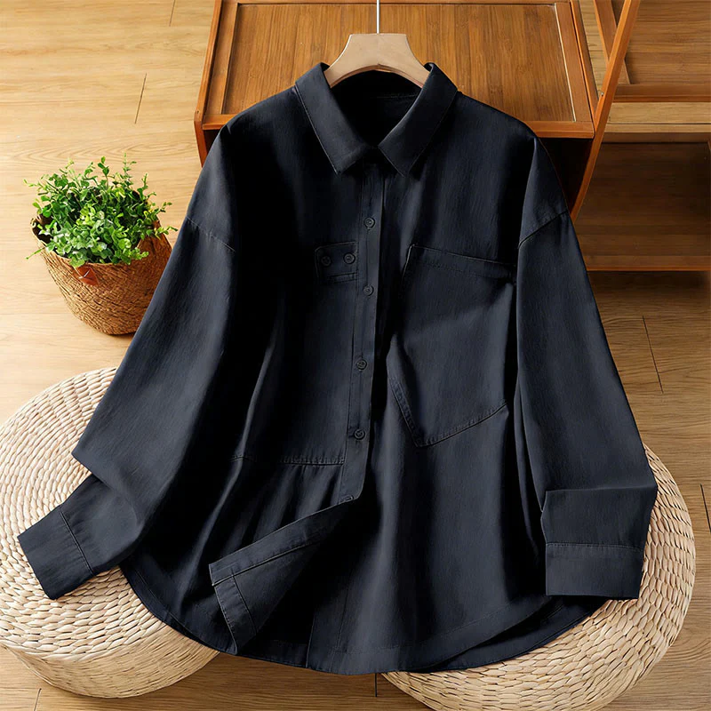 Buddha Stones Camicia da donna in cotone a maniche lunghe con risvolto semplice e tasche - Image 11