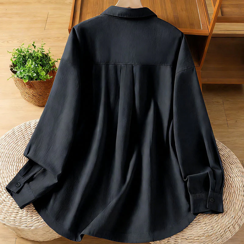 Buddha Stones Camicia da donna in cotone a maniche lunghe con risvolto semplice e tasche - Image 12