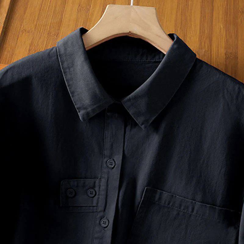 Buddha Stones Camicia da donna in cotone a maniche lunghe con risvolto semplice e tasche - Image 16