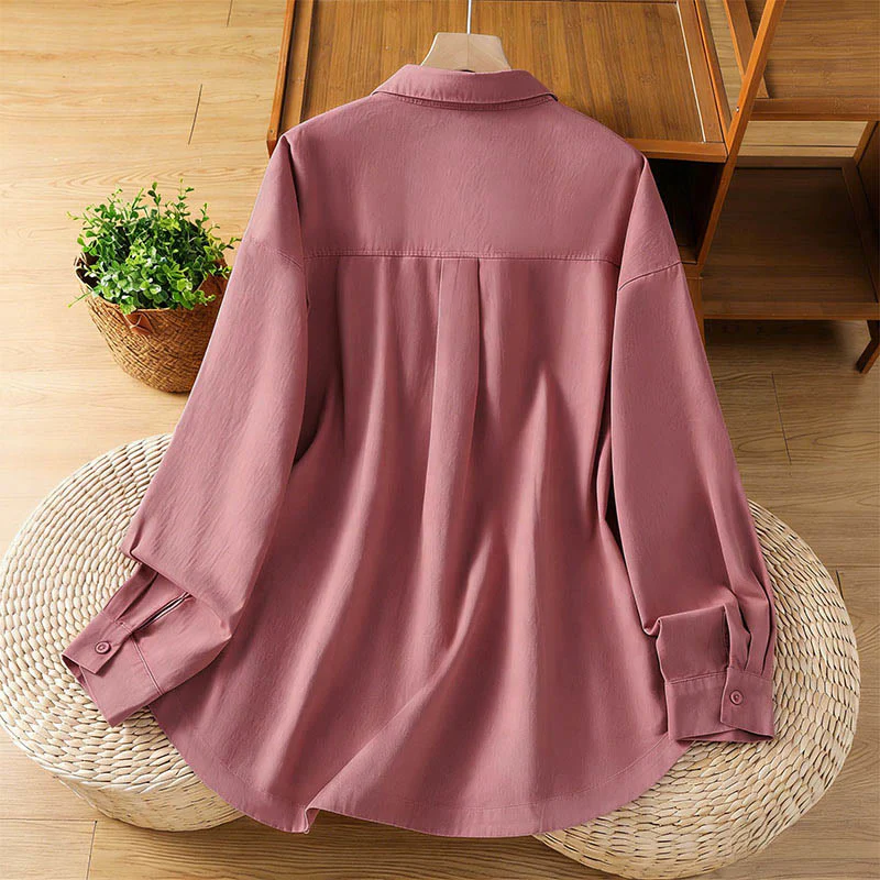 Buddha Stones Camicia da donna in cotone a maniche lunghe con risvolto semplice e tasche - Image 2