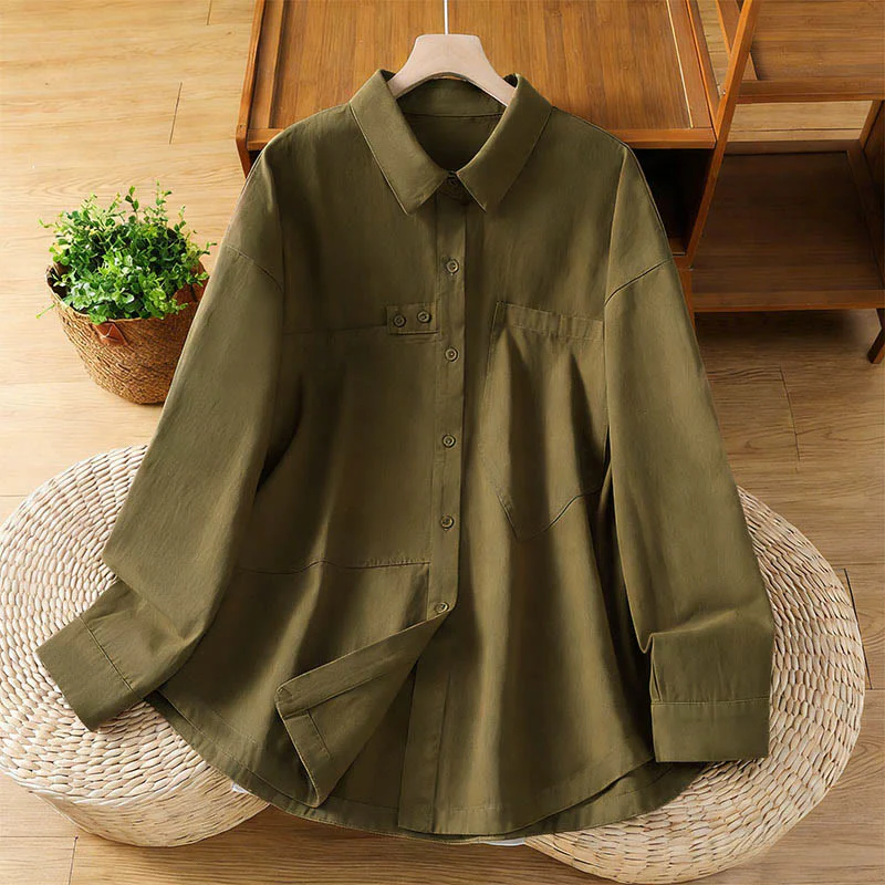 Buddha Stones Camicia da donna in cotone a maniche lunghe con risvolto semplice e tasche - Image 20