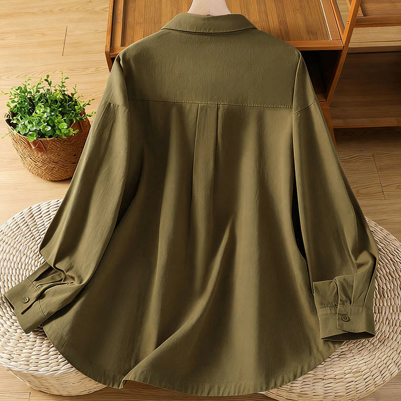 Buddha Stones Camicia da donna in cotone a maniche lunghe con risvolto semplice e tasche - Image 28