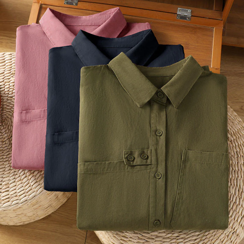 Buddha Stones Camicia da donna in cotone a maniche lunghe con risvolto semplice e tasche - Image 29