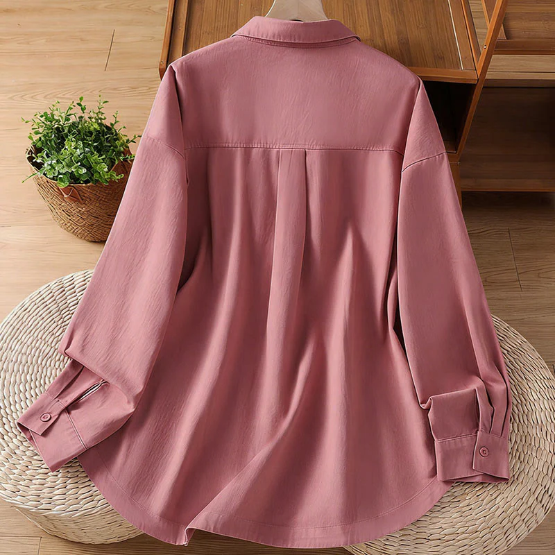 Buddha Stones Camicia da donna in cotone a maniche lunghe con risvolto semplice e tasche - Image 3