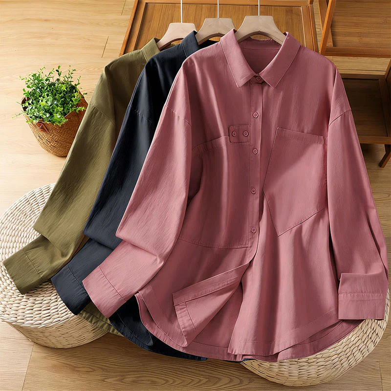 Buddha Stones Camicia da donna in cotone a maniche lunghe con risvolto semplice e tasche - Image 30