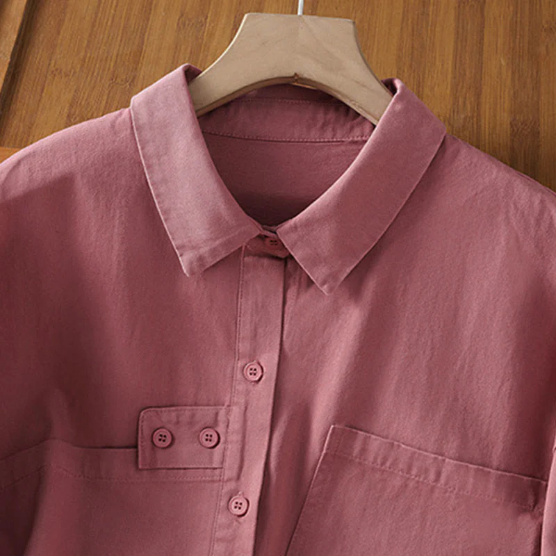 Buddha Stones Camicia da donna in cotone a maniche lunghe con risvolto semplice e tasche - Image 4