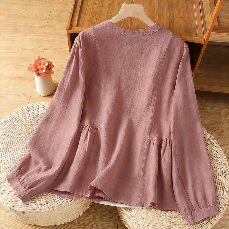 Buddha Stones Camicia da donna in cotone con bottoni, a maniche lunghe, modello patchwork semplice, stile pendolarismo autunnale - Image 2