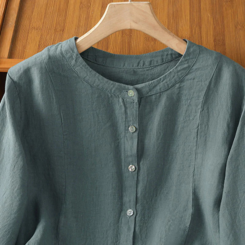 Buddha Stones Camicia da donna in cotone con bottoni, a maniche lunghe, modello patchwork semplice, stile pendolarismo autunnale - Image 21