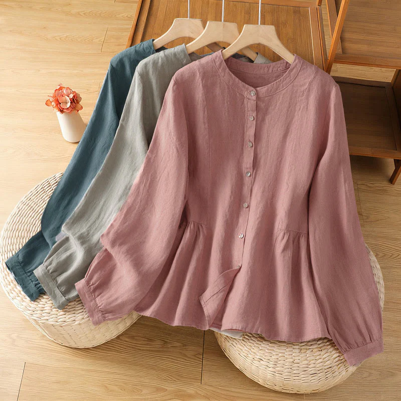 Buddha Stones Camicia da donna in cotone con bottoni, a maniche lunghe, modello patchwork semplice, stile pendolarismo autunnale - Image 26