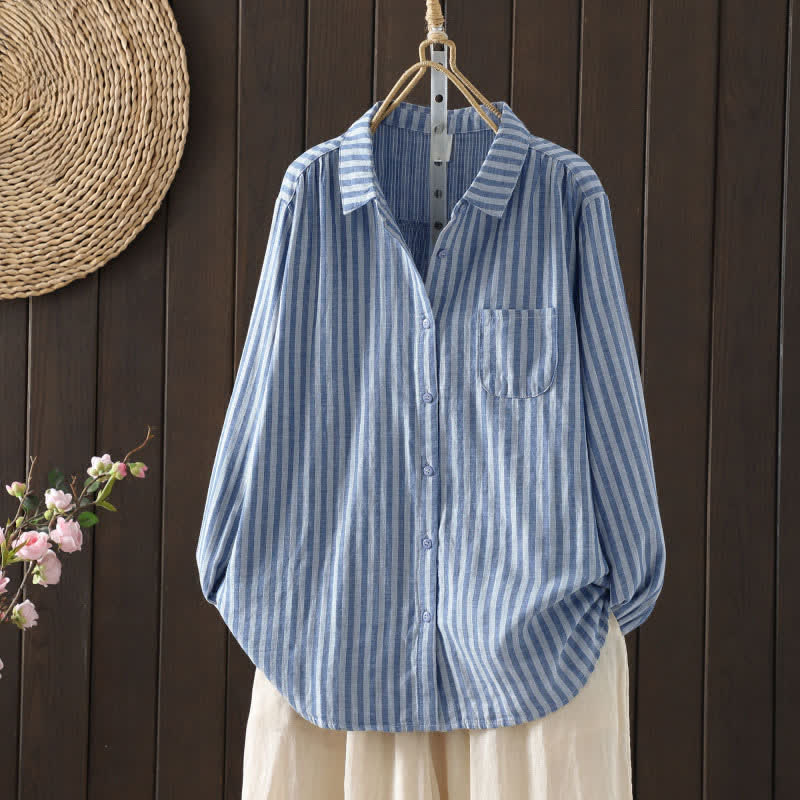 Buddha Stones Camicia da donna in cotone con bottoni e maniche lunghe a righe verticali primaverili e tasche decorative - Image 4