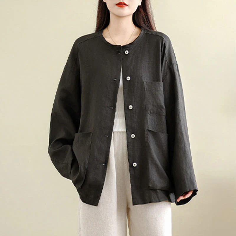Buddha Stones Camicia da donna in cotone con bottoni, maniche lunghe, girocollo e tasche, tinta unita - Image 2