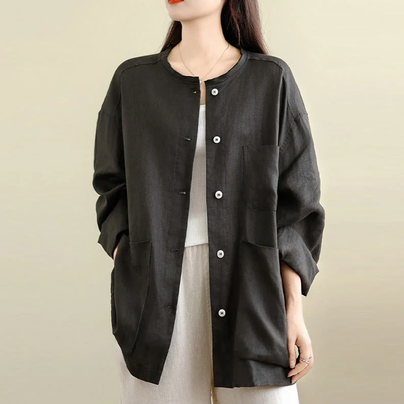Buddha Stones Camicia da donna in cotone con bottoni, maniche lunghe, girocollo e tasche, tinta unita - Image 3