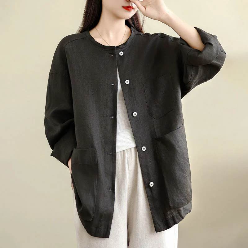 Buddha Stones Camicia da donna in cotone con bottoni, maniche lunghe, girocollo e tasche, tinta unita - Image 5