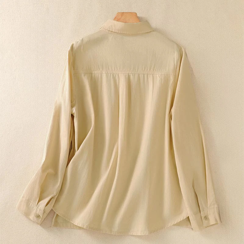 Buddha Stones Camicia da donna in cotone con bottoni, maniche lunghe, tasche e revers primaverili - Image 10
