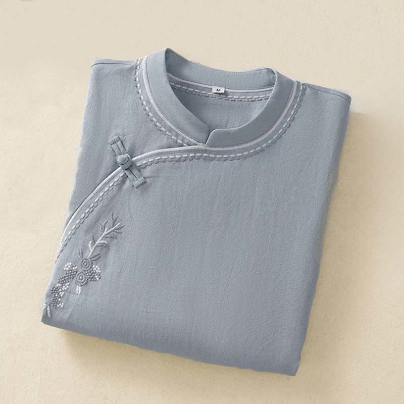 Buddha Stones Camicia da donna in cotone con colletto alto, manica corta, tinta unita, bottoni a rana e tasca - Image 2