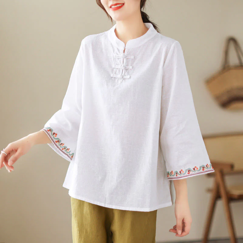 Camicia da donna in cotone con colletto rialzato, maniche a tre quarti ricamate, bottoni a rana in jacquard Buddha Stones - Image 15