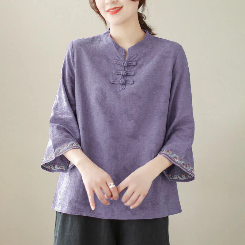 Camicia da donna in cotone con colletto rialzato, maniche a tre quarti ricamate, bottoni a rana in jacquard Buddha Stones - Image 2