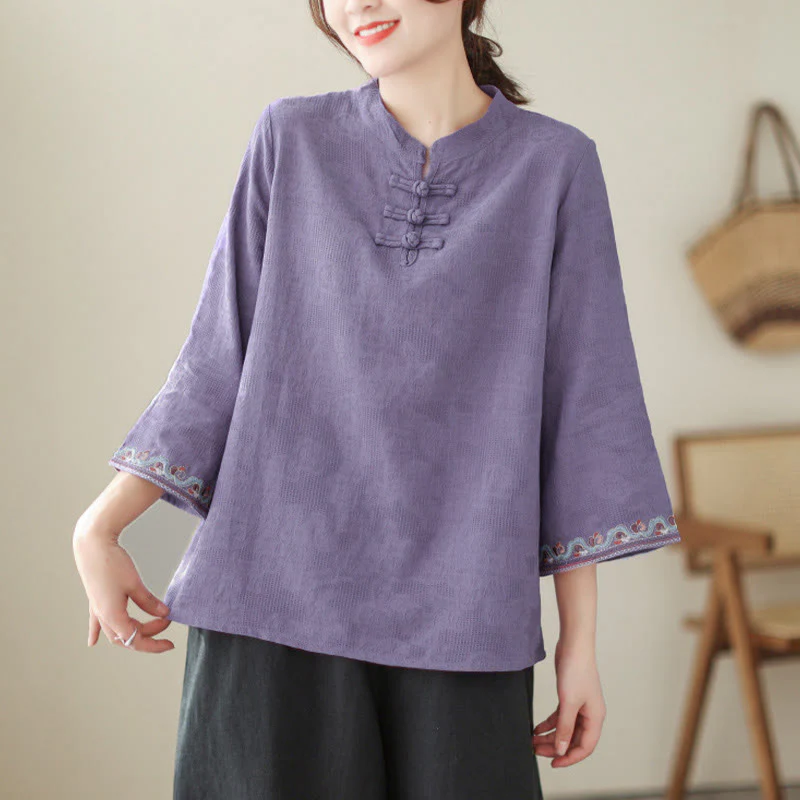 Camicia da donna in cotone con colletto rialzato, maniche a tre quarti ricamate, bottoni a rana in jacquard Buddha Stones - Image 4