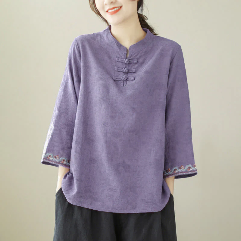 Camicia da donna in cotone con colletto rialzato, maniche a tre quarti ricamate, bottoni a rana in jacquard Buddha Stones - Image 5
