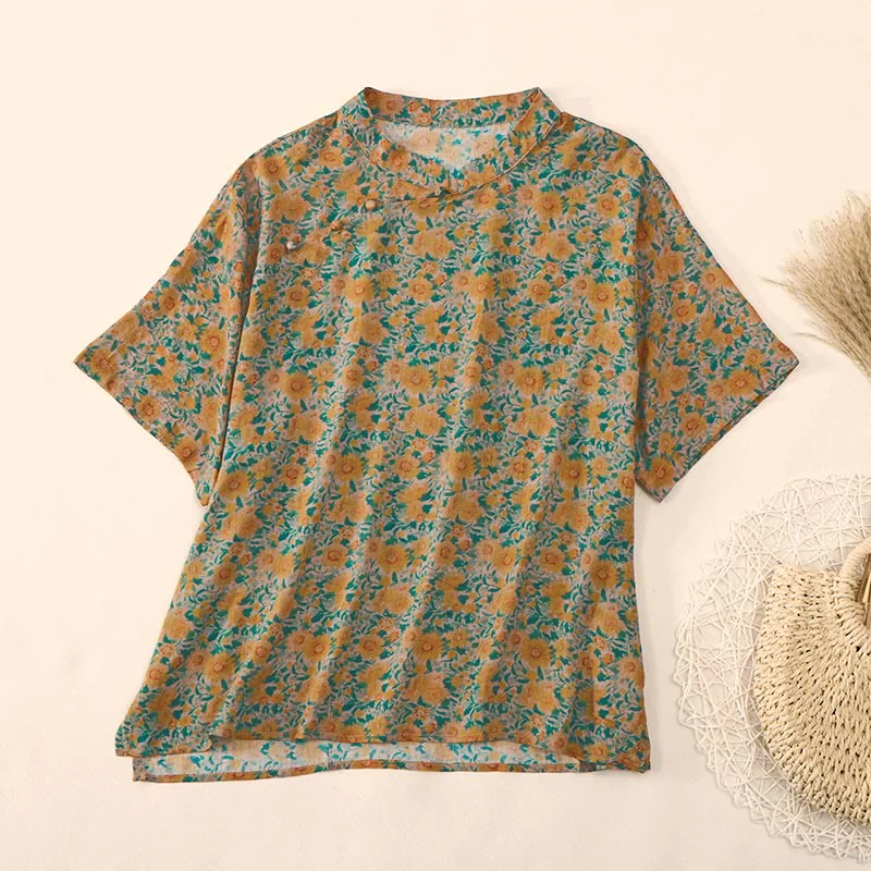 Buddha Stones Camicia da donna in cotone con colletto rialzato, manica corta, motivo floreale, estiva, con bottoni a rana