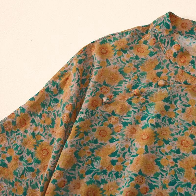 Buddha Stones Camicia da donna in cotone con colletto rialzato, manica corta, motivo floreale, estiva, con bottoni a rana - Image 5