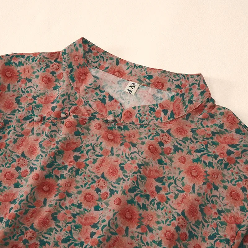 Buddha Stones Camicia da donna in cotone con colletto rialzato, manica corta, motivo floreale, estiva, con bottoni a rana - Image 8