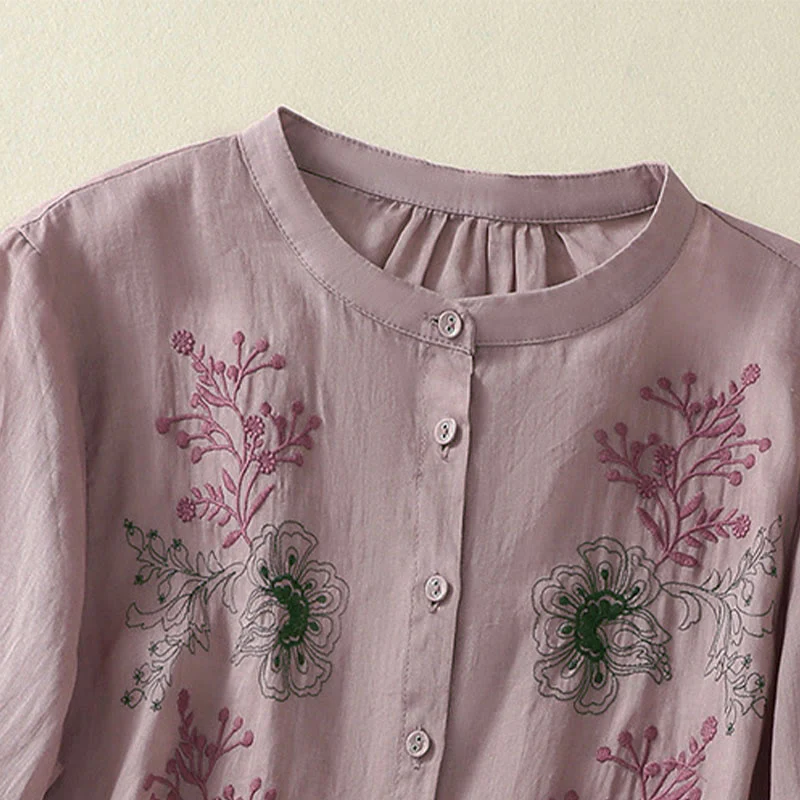 Buddha Stones Camicia da donna in cotone con colletto rialzato, maniche a tre quarti, spacchi laterali e design plissettato ricamato - Image 10