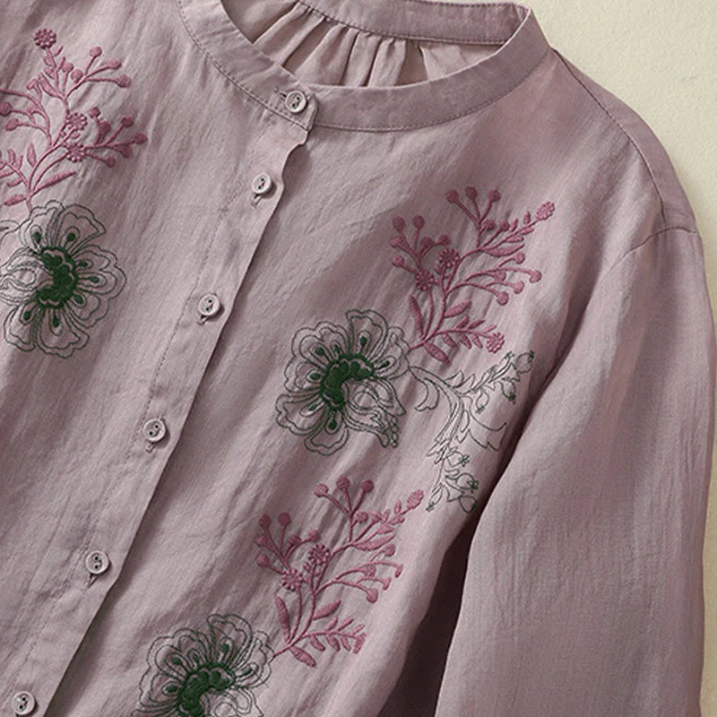 Buddha Stones Camicia da donna in cotone con colletto rialzato, maniche a tre quarti, spacchi laterali e design plissettato ricamato - Image 12