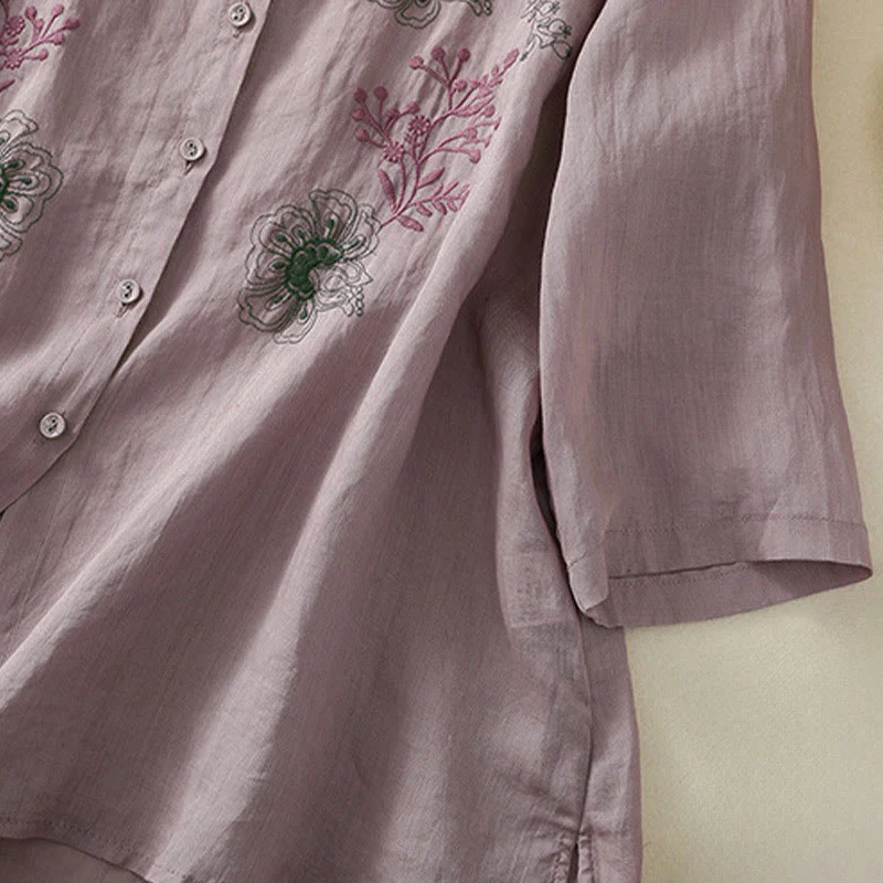 Buddha Stones Camicia da donna in cotone con colletto rialzato, maniche a tre quarti, spacchi laterali e design plissettato ricamato - Image 13