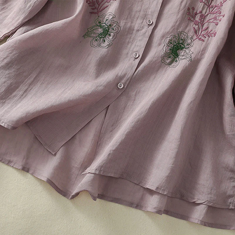 Buddha Stones Camicia da donna in cotone con colletto rialzato, maniche a tre quarti, spacchi laterali e design plissettato ricamato - Image 14