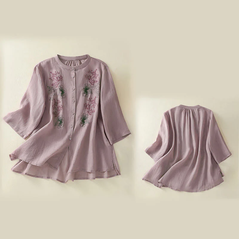 Buddha Stones Camicia da donna in cotone con colletto rialzato, maniche a tre quarti, spacchi laterali e design plissettato ricamato - Image 16