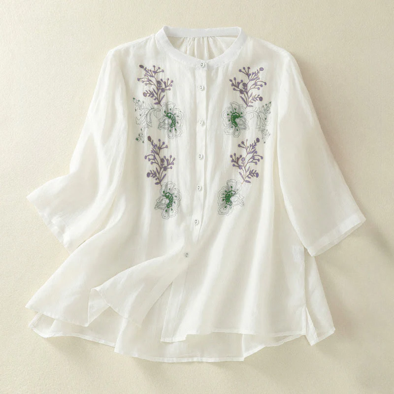 Buddha Stones Camicia da donna in cotone con colletto rialzato, maniche a tre quarti, spacchi laterali e design plissettato ricamato - Image 17