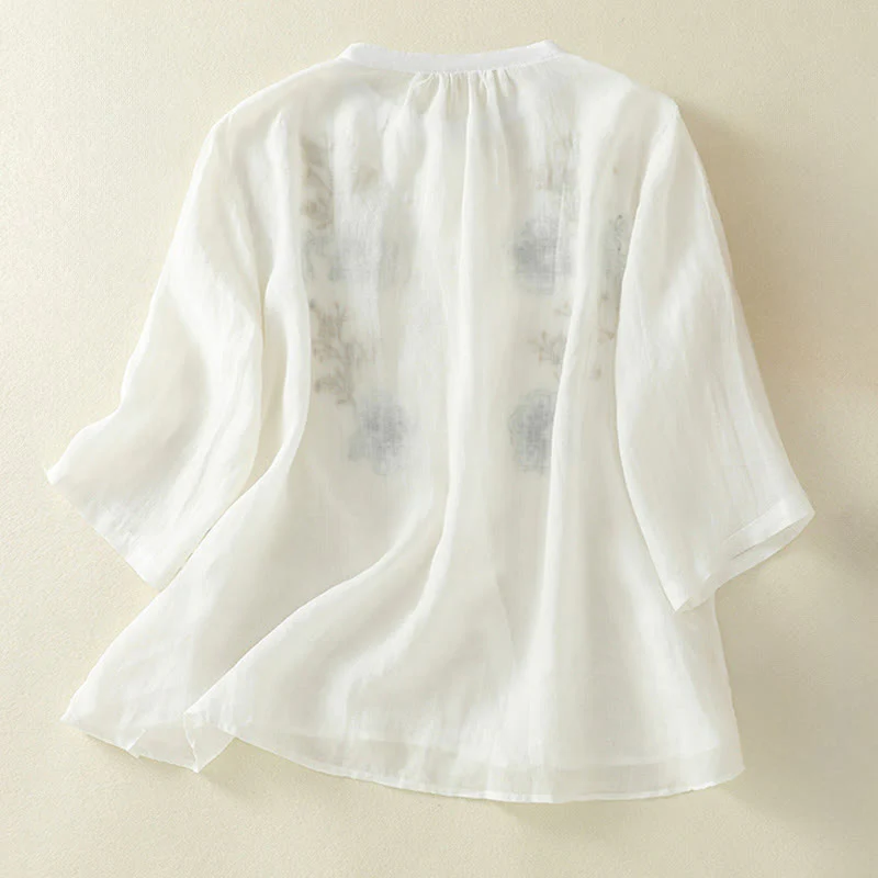 Buddha Stones Camicia da donna in cotone con colletto rialzato, maniche a tre quarti, spacchi laterali e design plissettato ricamato - Image 18