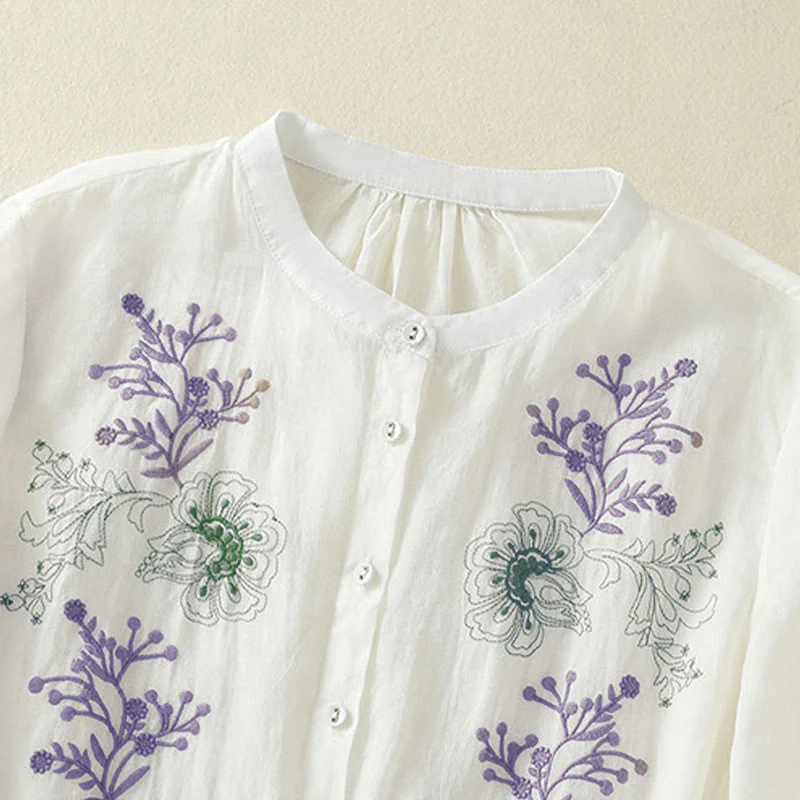 Buddha Stones Camicia da donna in cotone con colletto rialzato, maniche a tre quarti, spacchi laterali e design plissettato ricamato - Image 19