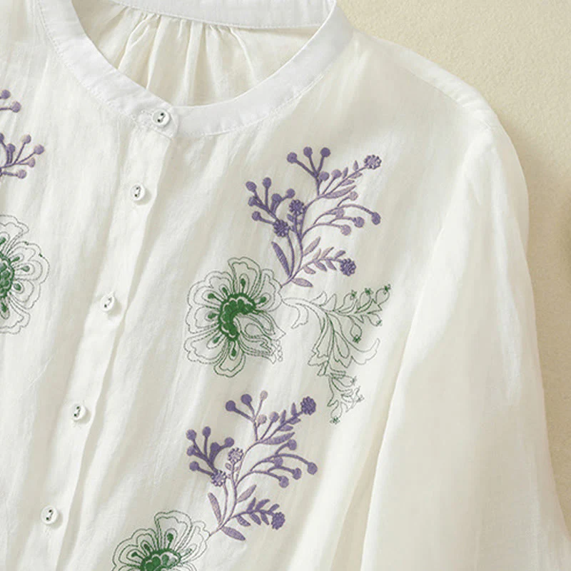 Buddha Stones Camicia da donna in cotone con colletto rialzato, maniche a tre quarti, spacchi laterali e design plissettato ricamato - Image 21