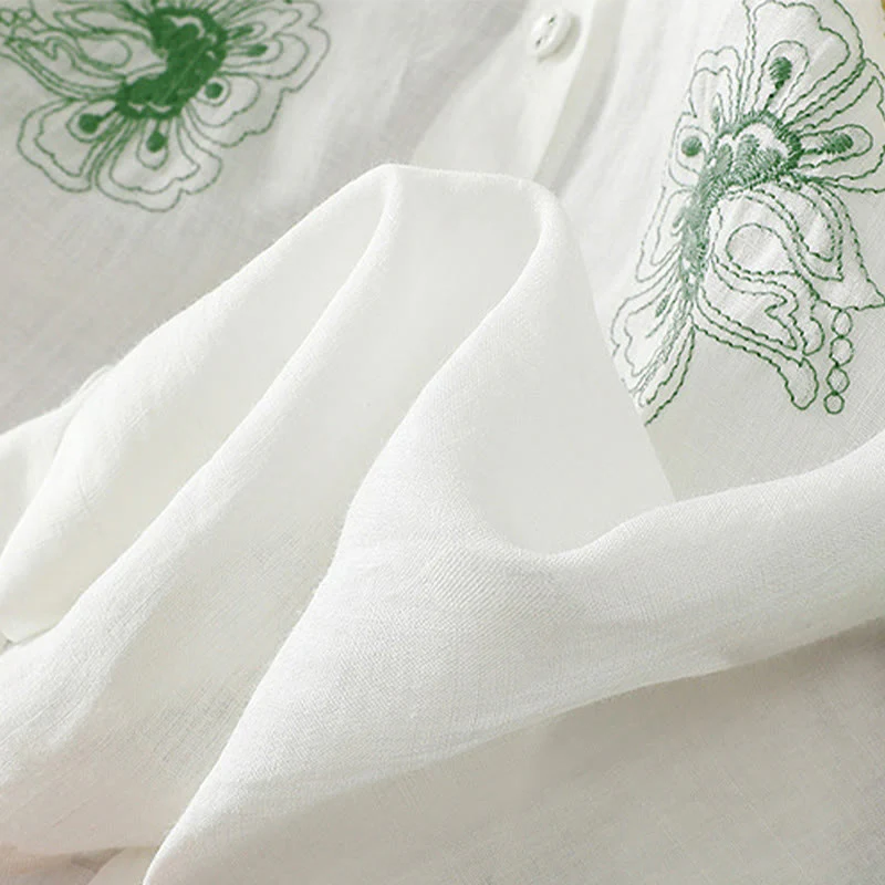 Buddha Stones Camicia da donna in cotone con colletto rialzato, maniche a tre quarti, spacchi laterali e design plissettato ricamato - Image 23