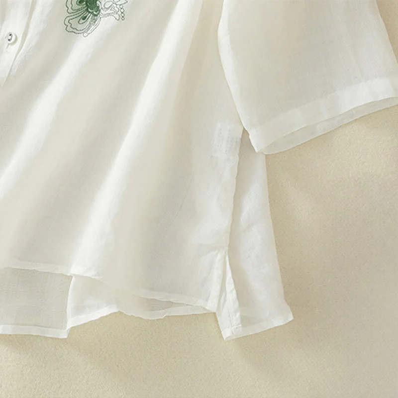 Buddha Stones Camicia da donna in cotone con colletto rialzato, maniche a tre quarti, spacchi laterali e design plissettato ricamato - Image 25