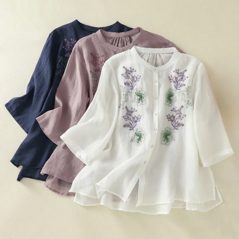 Buddha Stones Camicia da donna in cotone con colletto rialzato, maniche a tre quarti, spacchi laterali e design plissettato ricamato - Image 26