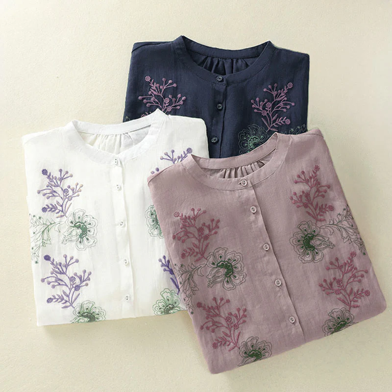 Buddha Stones Camicia da donna in cotone con colletto rialzato, maniche a tre quarti, spacchi laterali e design plissettato ricamato - Image 27