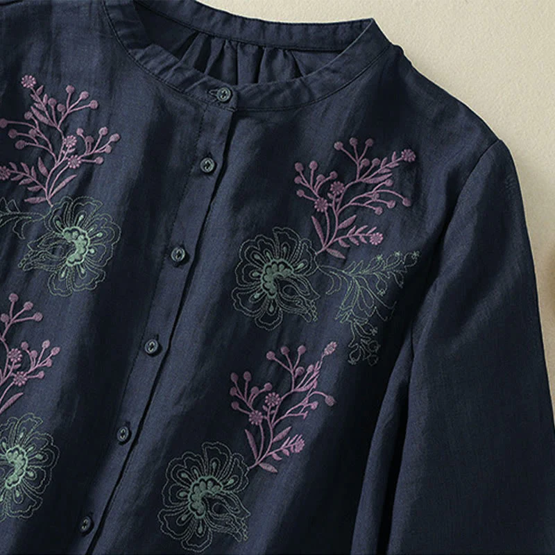 Buddha Stones Camicia da donna in cotone con colletto rialzato, maniche a tre quarti, spacchi laterali e design plissettato ricamato - Image 5