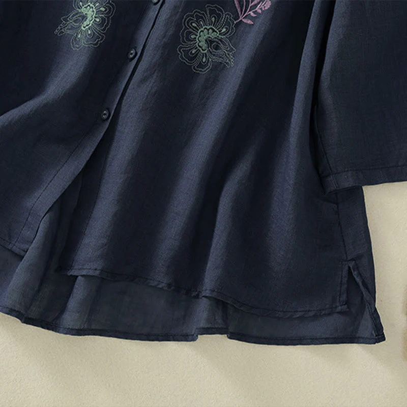Buddha Stones Camicia da donna in cotone con colletto rialzato, maniche a tre quarti, spacchi laterali e design plissettato ricamato - Image 7