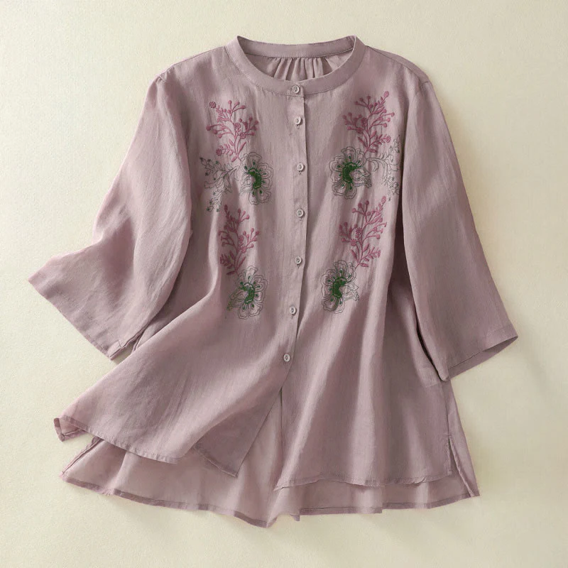 Buddha Stones Camicia da donna in cotone con colletto rialzato, maniche a tre quarti, spacchi laterali e design plissettato ricamato - Image 8